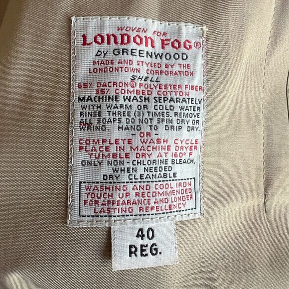 Vtg London Fog Double Breasted Trench Coat Removable Lining Men Size 40R Khaki - Picture 5 of 5
